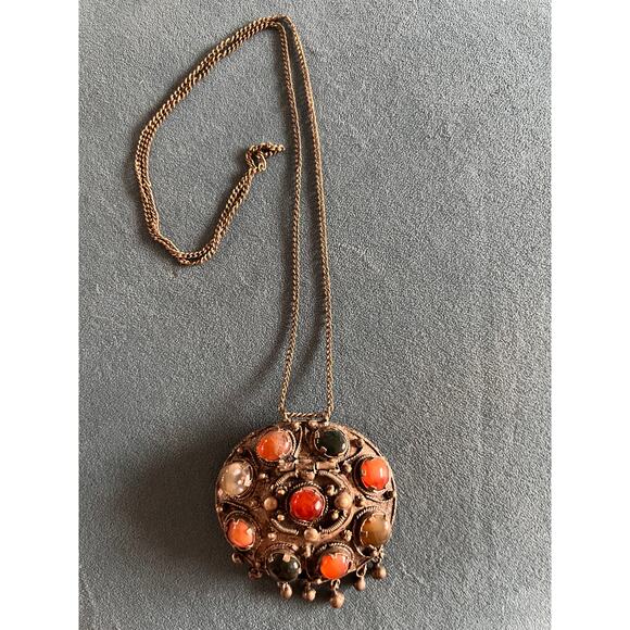 Tibetan Silver Amulet Necklace 27” – Carnelian Agate Bloodstone Locket Pendant - Picture 2 of 11